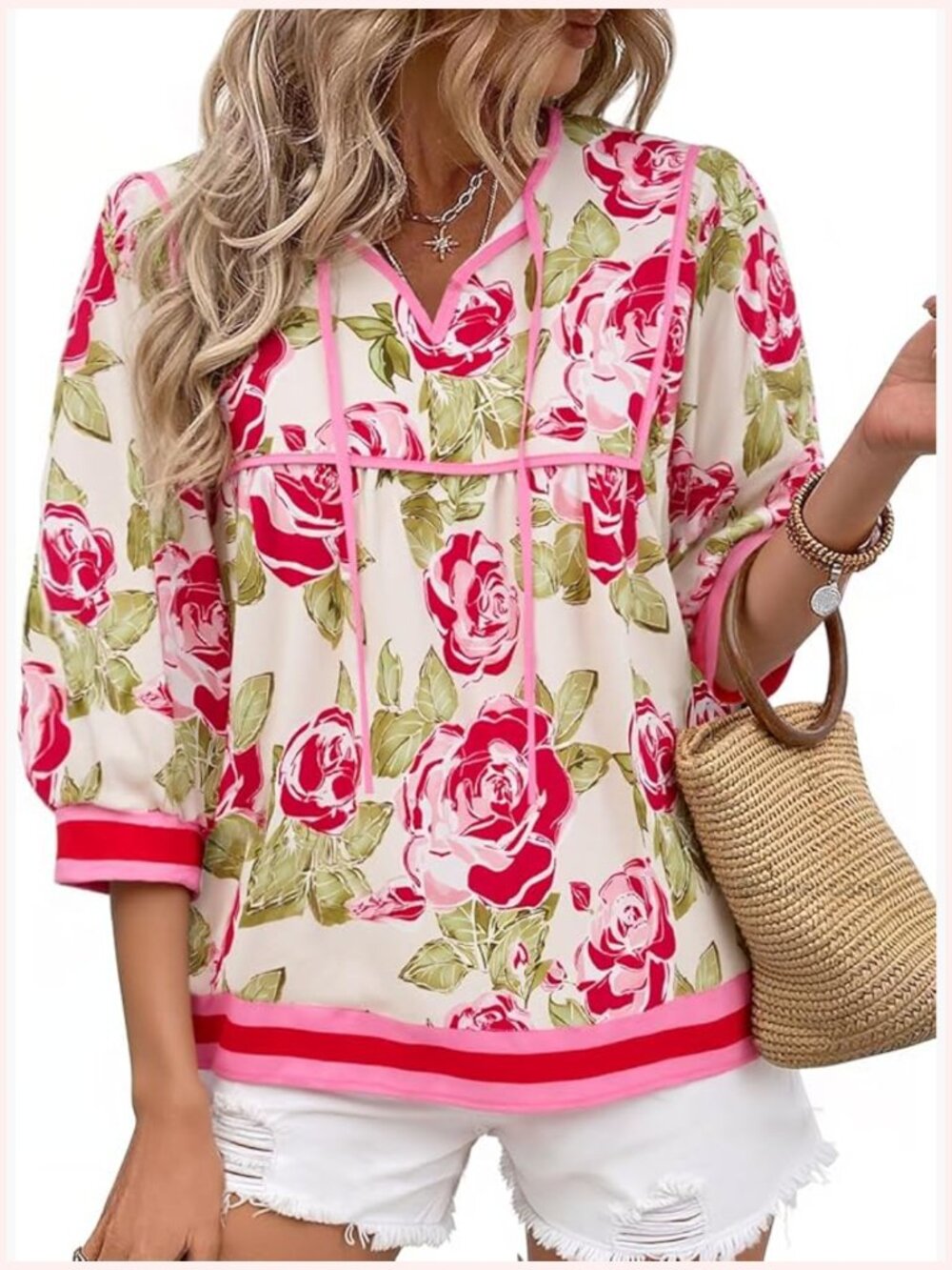 Boho Floral Peplum Blouse V Neck 3/4 Sleeve Blouson Top